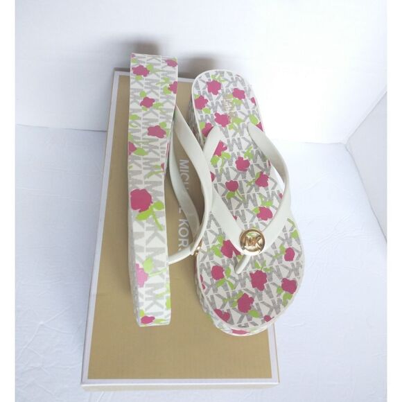 New! MICHAEL KORS MK Logo Jet Set Bedford Platform Wedge Thong Sandals Shoes - Picture 2 of 6